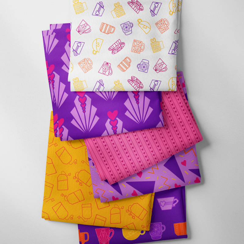 Fancy a Cuppa fabric collection in purple, pink, orange and yellow