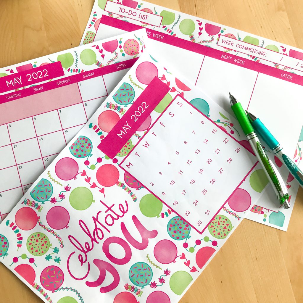 The Unicorn Factory Celebrate You Balloon Calendar Planner Pages May 2022