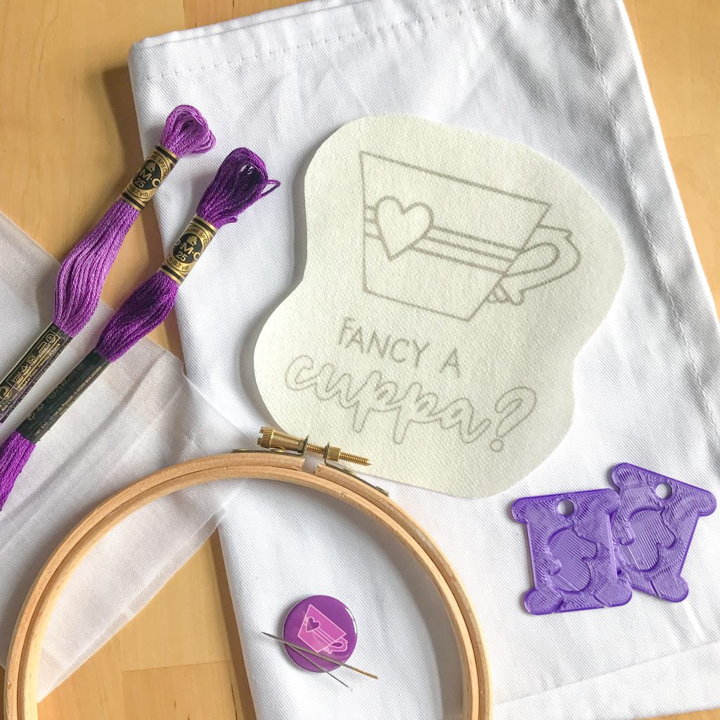 Fancy a Cuppa Teatowel Embroidery Kit in Purple