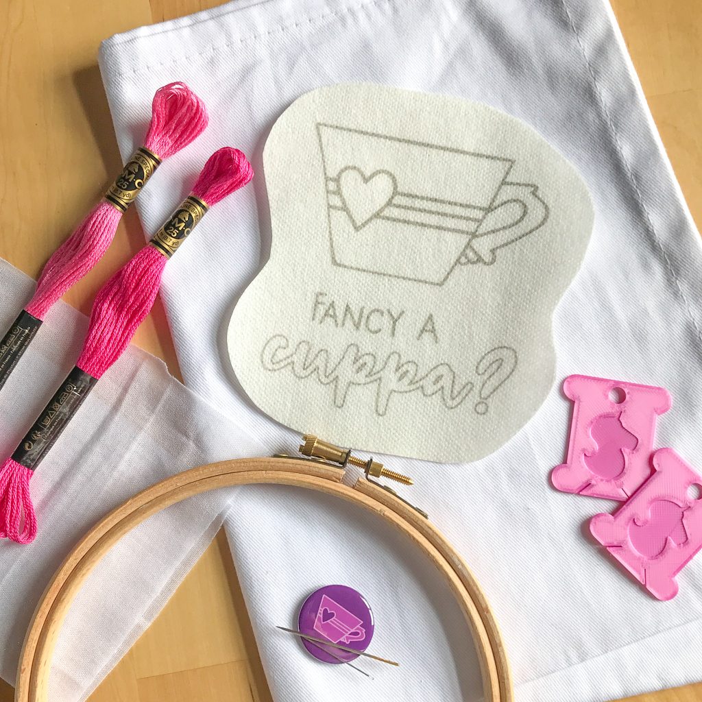 Fancy a Cuppa Teatowel Embroidery Kit in Pink