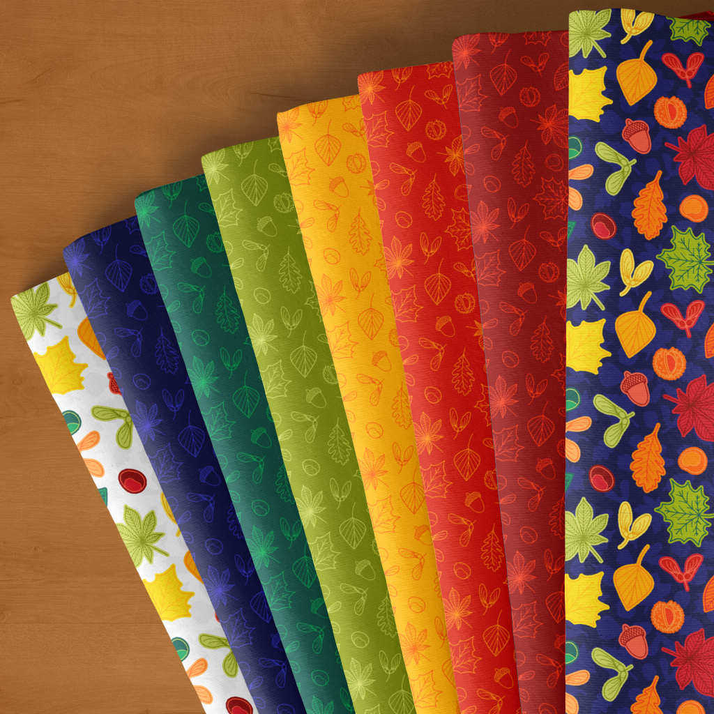 Autumn leaves fabric in red, orange, yellow, lime, green and navy blue