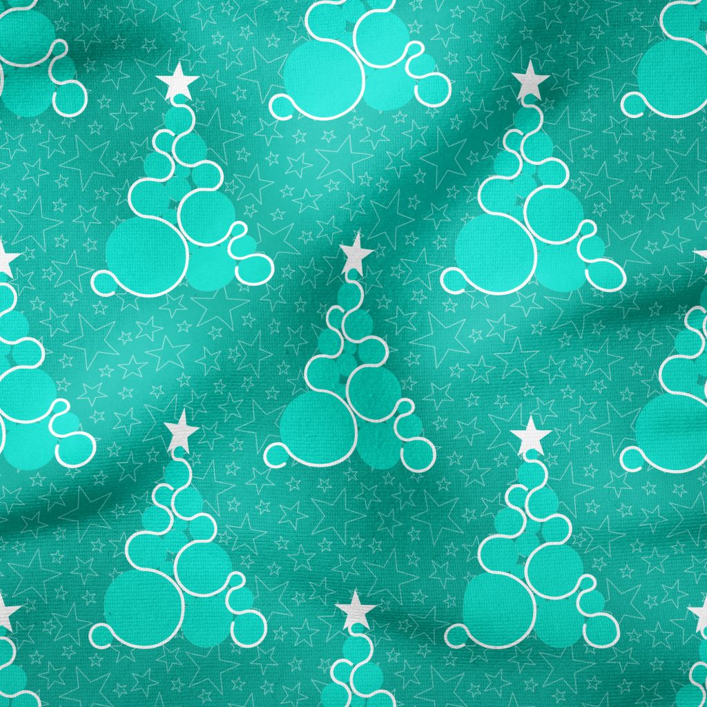 Festive Magic Christmas tree and star fabric in aqua teal green blue
