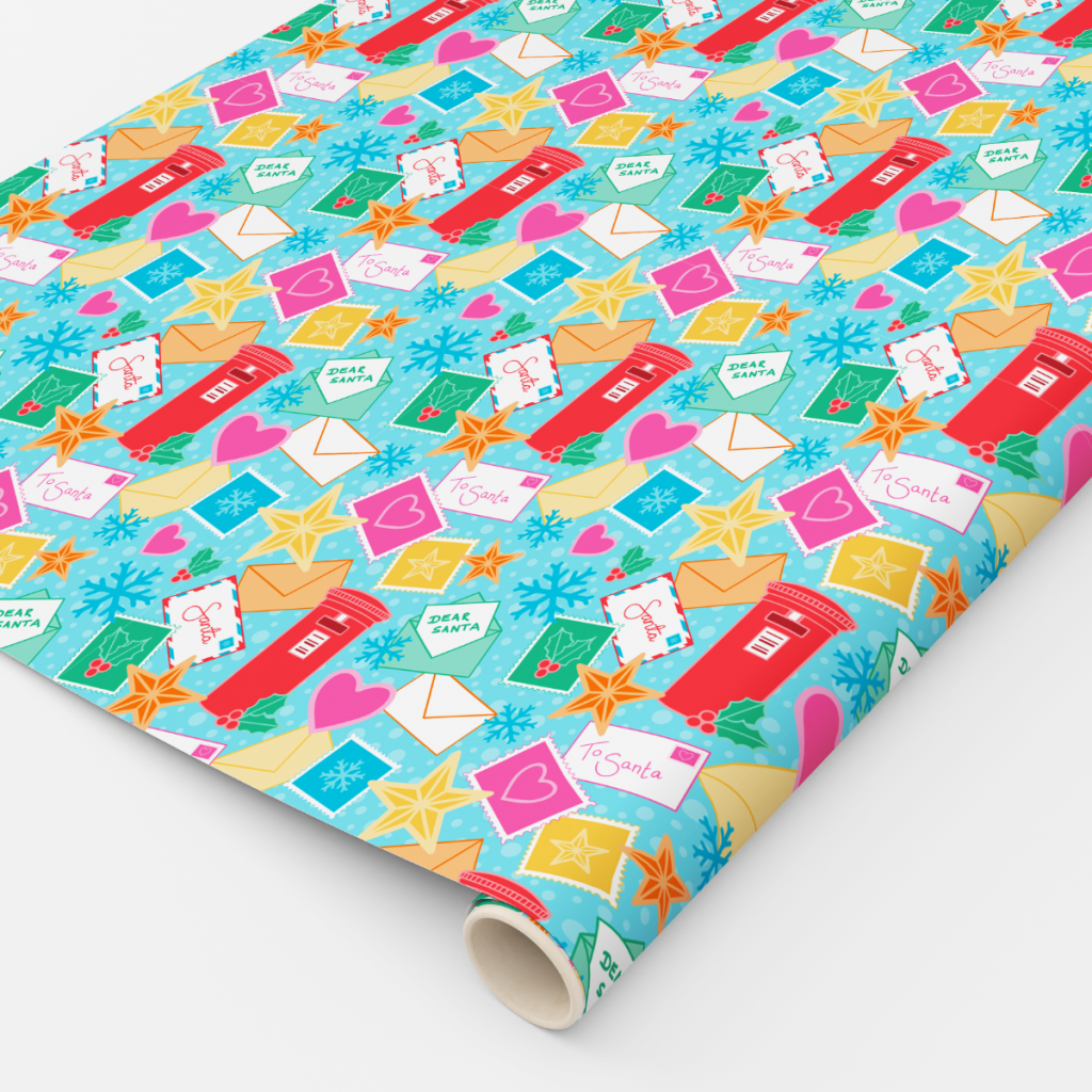 Santa Mail gift wrap surface pattern design for licensing by Helen Clamp (unicornfactoryuk)