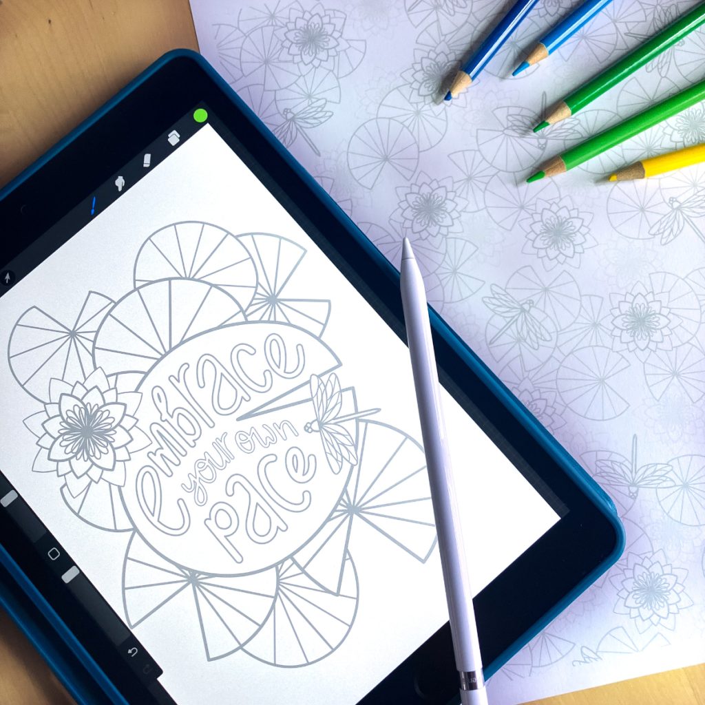 Embrace your own pace quote and pattern colouring pages