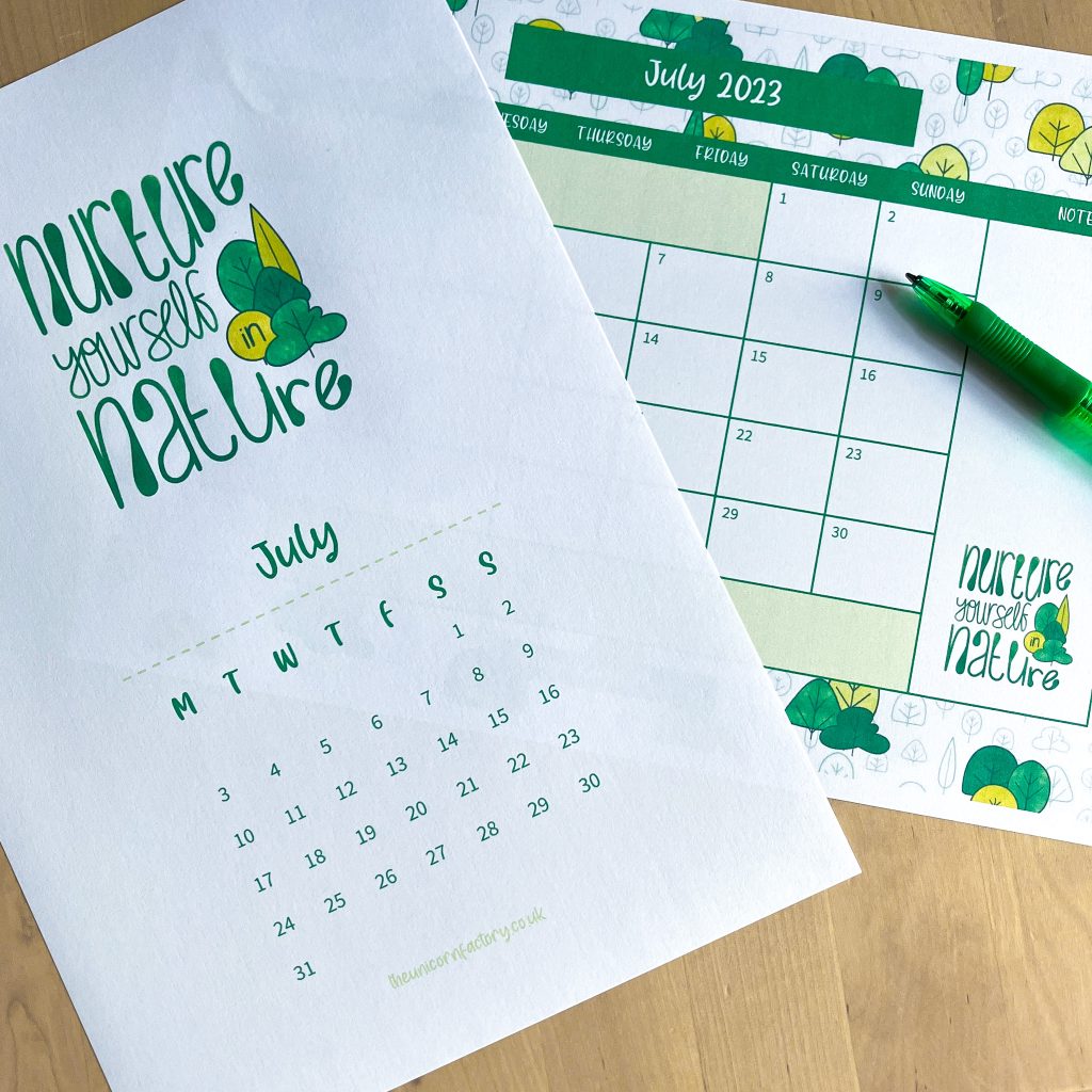Nurture yourself in Nature quote calendar and planner for July 2023