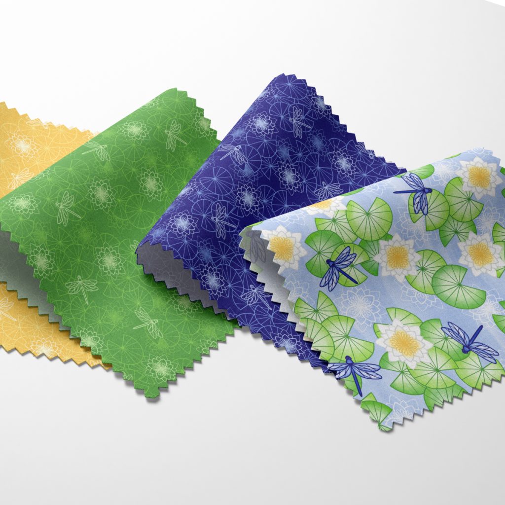 Bosherton Lily Ponds fabric swatches in blue, green and yellow by unicornfactoryuk