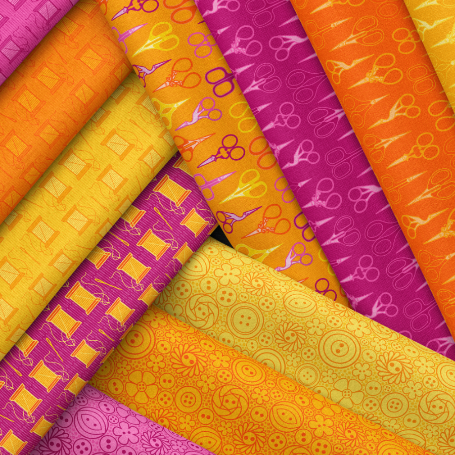 Crafting Notions pink orange and yellow crafting and quilting fabric by unicornfactoryuk on Spoonflower