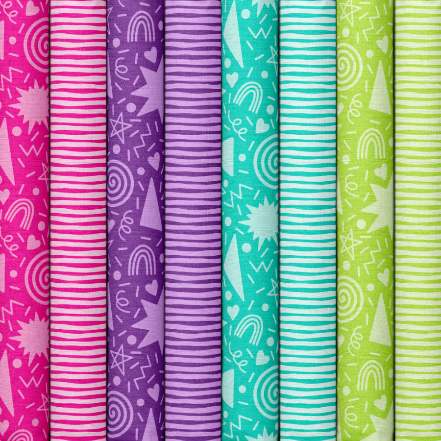 Retro Magic Doodles pink purple aqua and lime green quilting and crafting fabric by unicornfactoryuk on Spoonflower